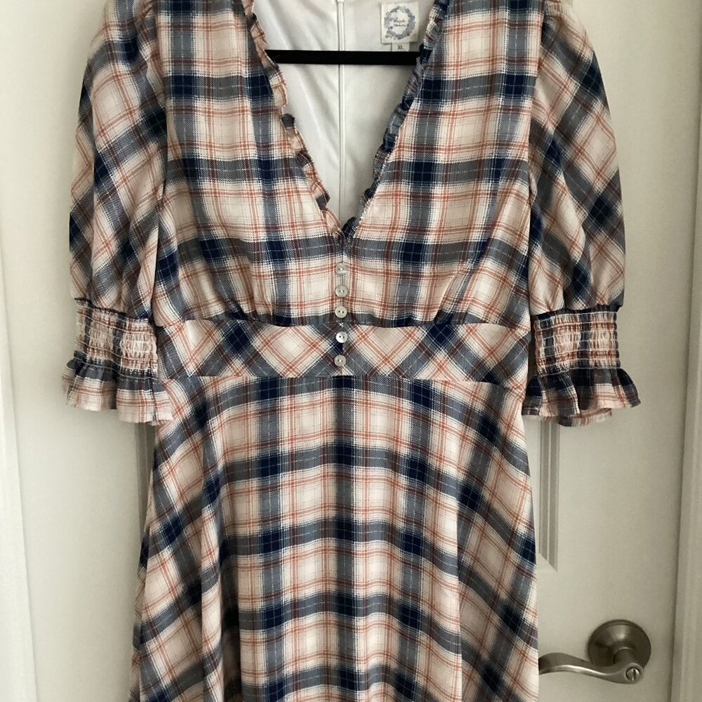 Francesca's Blue Rain Plaid V Neck Multicolor Fit And Flare Dress (XL)
